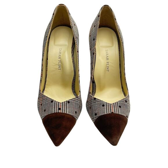 Sarah Flint Perfect Pump 100 Espresso Glen Check Plaid Suede Heels 39.5 (8.5 US) - Picture 3 of 9